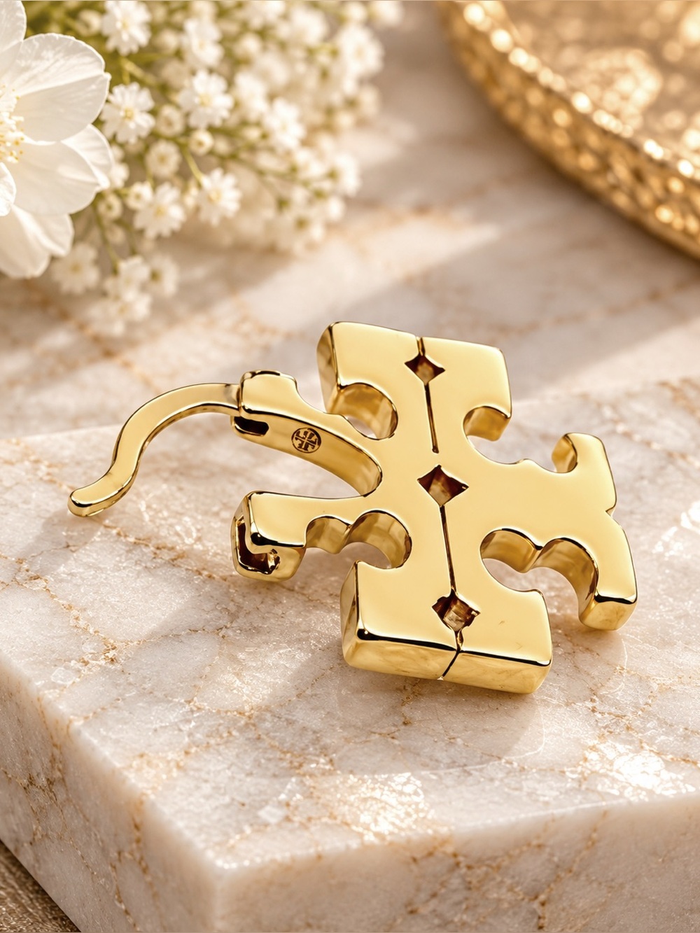 Tory Burch Gold Tone Double T Logo Huggie Hoop Earrings - Picture 4 of 6